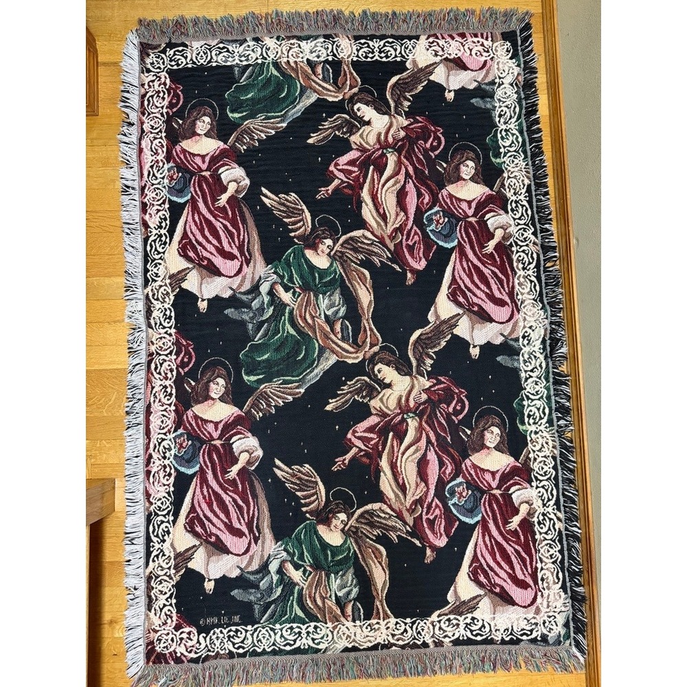 Goodwin Weavers Woven Cotton Angel Tapestry Throw Blanket Black 66x43 Celestial
